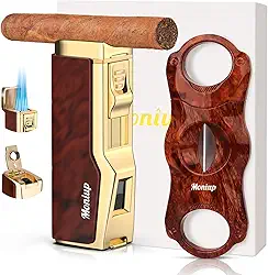 Moniup Conjunto De Isqueiros Para Charutos Com Cortador Em V, Chama Quádrupla À Prova Vento, Furador E Suporte, Kit Acessórios 4 1, Caixa Presente O Natal, Maçarico Recarregáveis A Butano Fumar