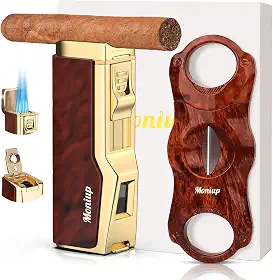 Moniup Conjunto De Isqueiros Para Charutos Com Cortador Em V, Chama Quádrupla À Prova Vento, Furador E Suporte, Kit Acessórios 4 1, Caixa Presente O Natal, Maçarico Recarregáveis A Butano Fumar