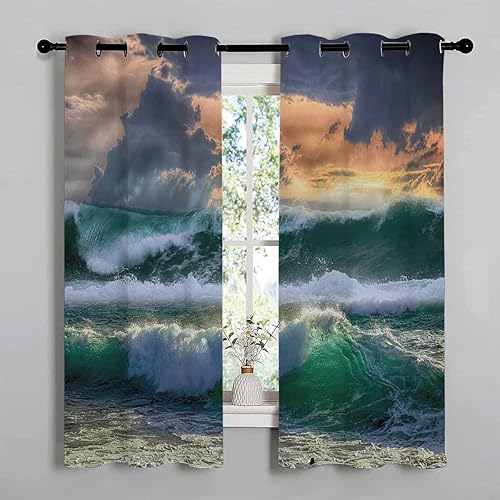 Cortinas para Sala Elegantes Modernas Sea Wave Landscape Curtains for Closet with No Door Garage Curtain 55Inch Width by 45Inch Length,2 Panels