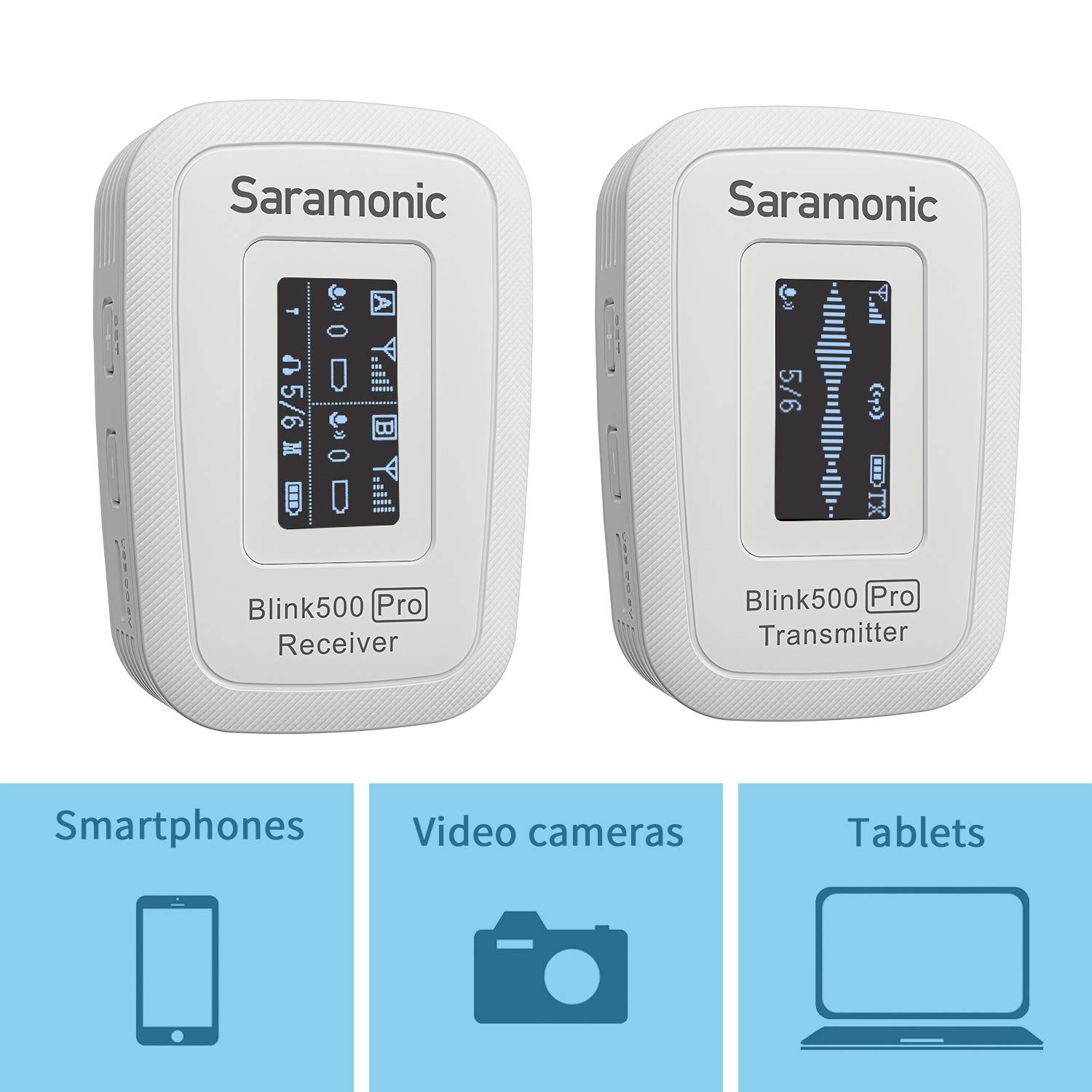 Blink500 PRO B1W - Microfono lavalier wireless VLog, Saramonic 2,4 GHz a doppio canale stereo con custodia di ricarica, display OLED e uscita cuffie da 3,5 mm per DSLR, videocamere, smartphone, tablet