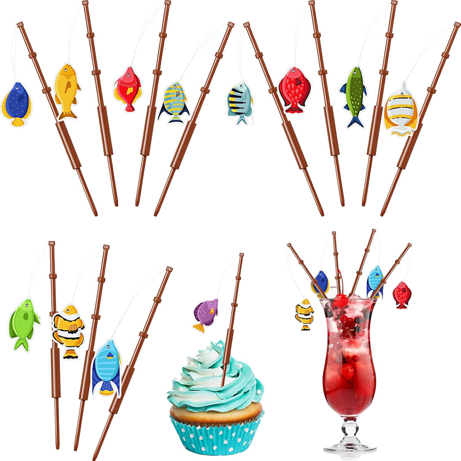 48 Pcs Fishing Birthday Party Decorations Fish Cupcake Pole Picks Fishing Themed Party Supplies Little Fisherman Tropical Appetizer Pick Cocktail Decoration for Tropical Cocktail Cake Decor