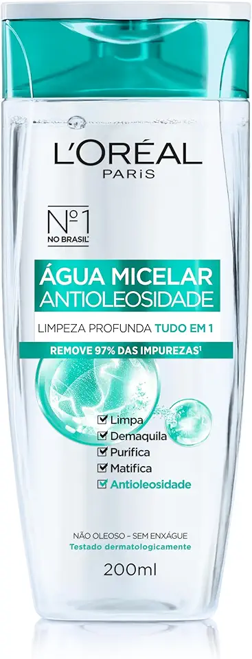 L'Oréal Paris Água Micelar Efeito Matte Solução de Limpeza Facial 5 em 1, 200ml