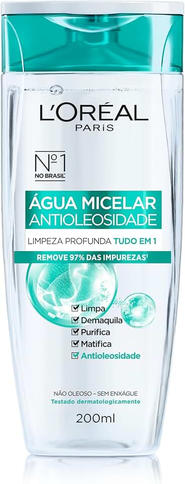 L'Oréal Paris Água Micelar Efeito Matte Solução de Limpeza Facial 5 em 1, 200ml