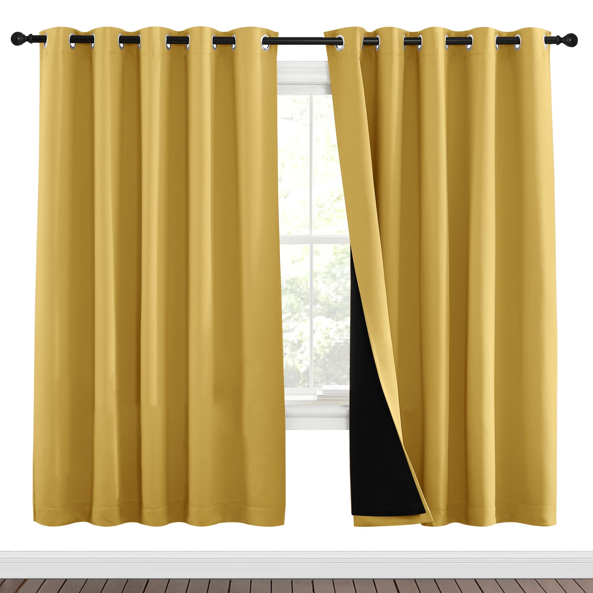 NICETOWN Bright Yellow Full Shade Curtain Panels, Pair of Energy Smart &amp; Noise Blocking Out Blackout Drapes for Dining Room Window, Thermal Insulated Guest Room Lined Window Dressing(70 x 72 inch)