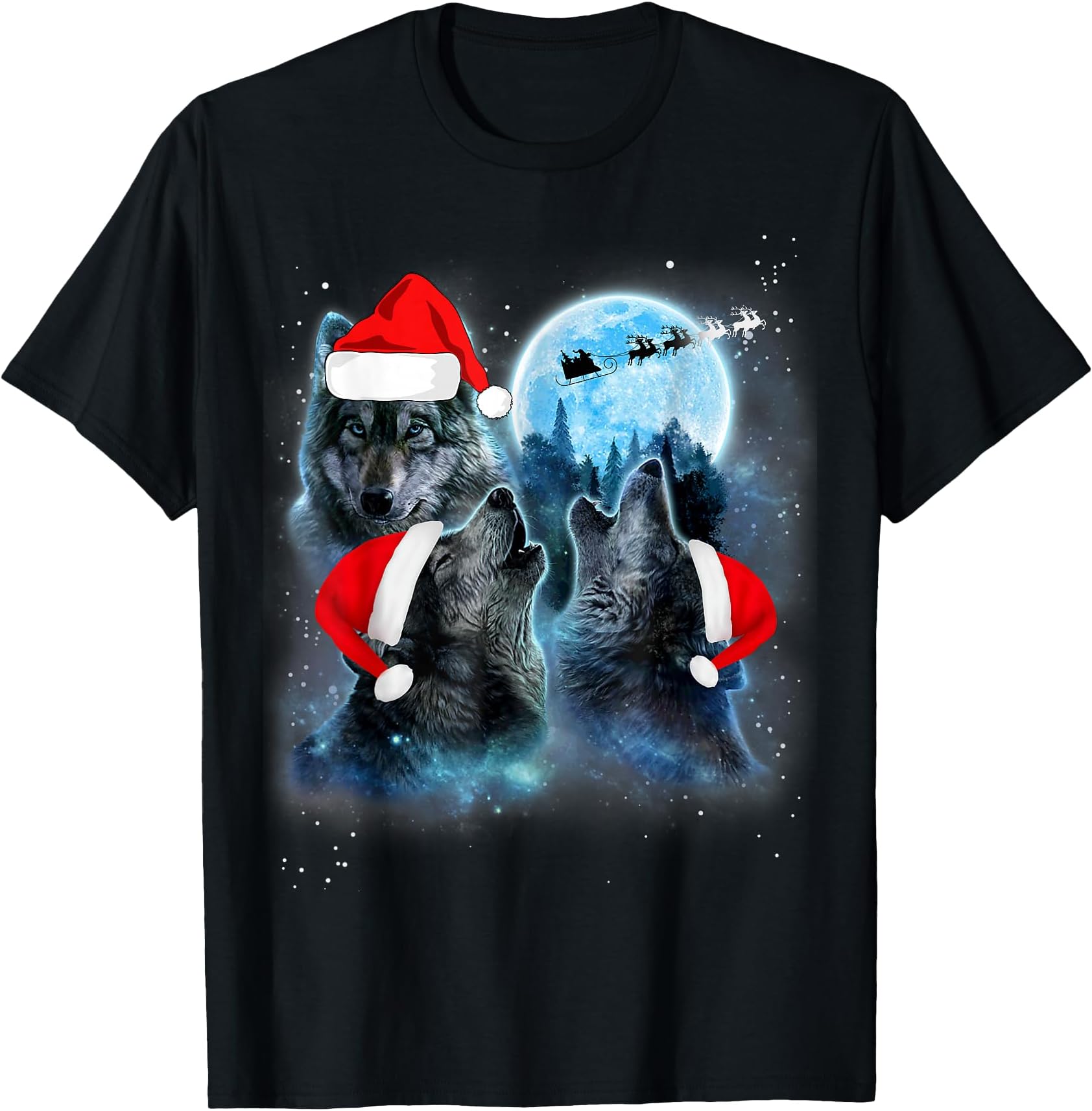 Wolve Christmas Wolf Xmas Pajama Shirts Gifts Three Wolves Howling Under Moon Christmas Santa Wolf Lover T-Shirt