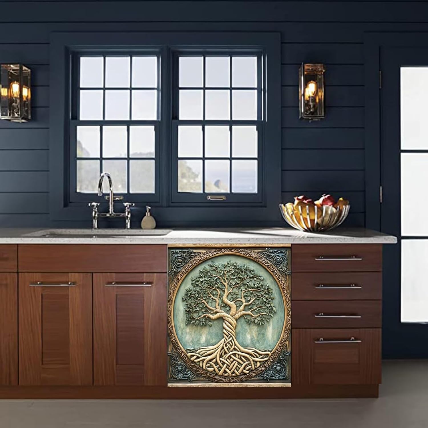 Wood Tree of Life Dishwasher Magnet Cover Panel Decal, 3D Wood Carving Tree of Life Vinyl Dishwasher Magnet Sticker, Tree of Life Magnet Refrigerator Decal (23" x 26" Magnetic)