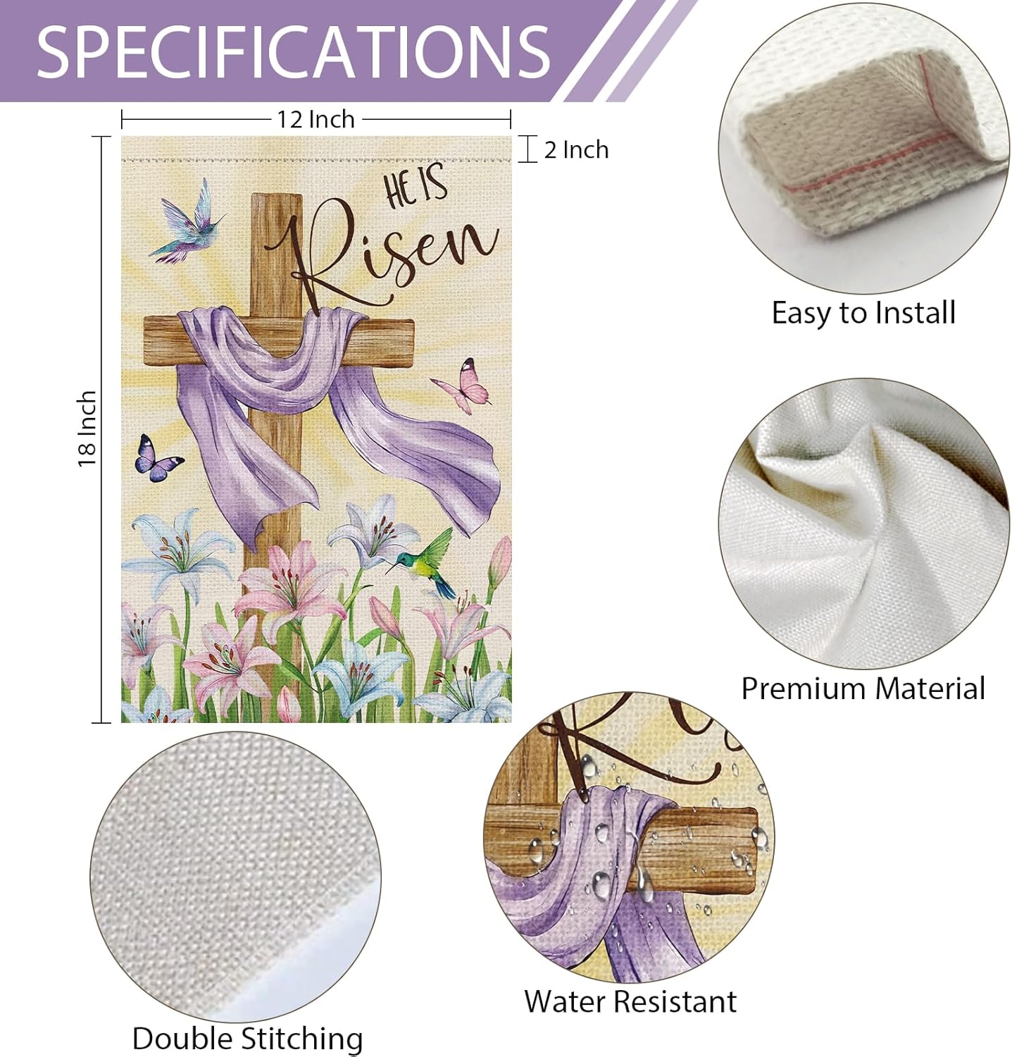 Heyfibro He is Risen Easter Wooden Cross Garden Flag 12x18 Double Sided Burlap, Lily Flower Hummingbird Butterfly Yard Banner for Holiday Farmhouse Jesus Religious Outdoor Decor(ONLY FLAG) - Image 4
