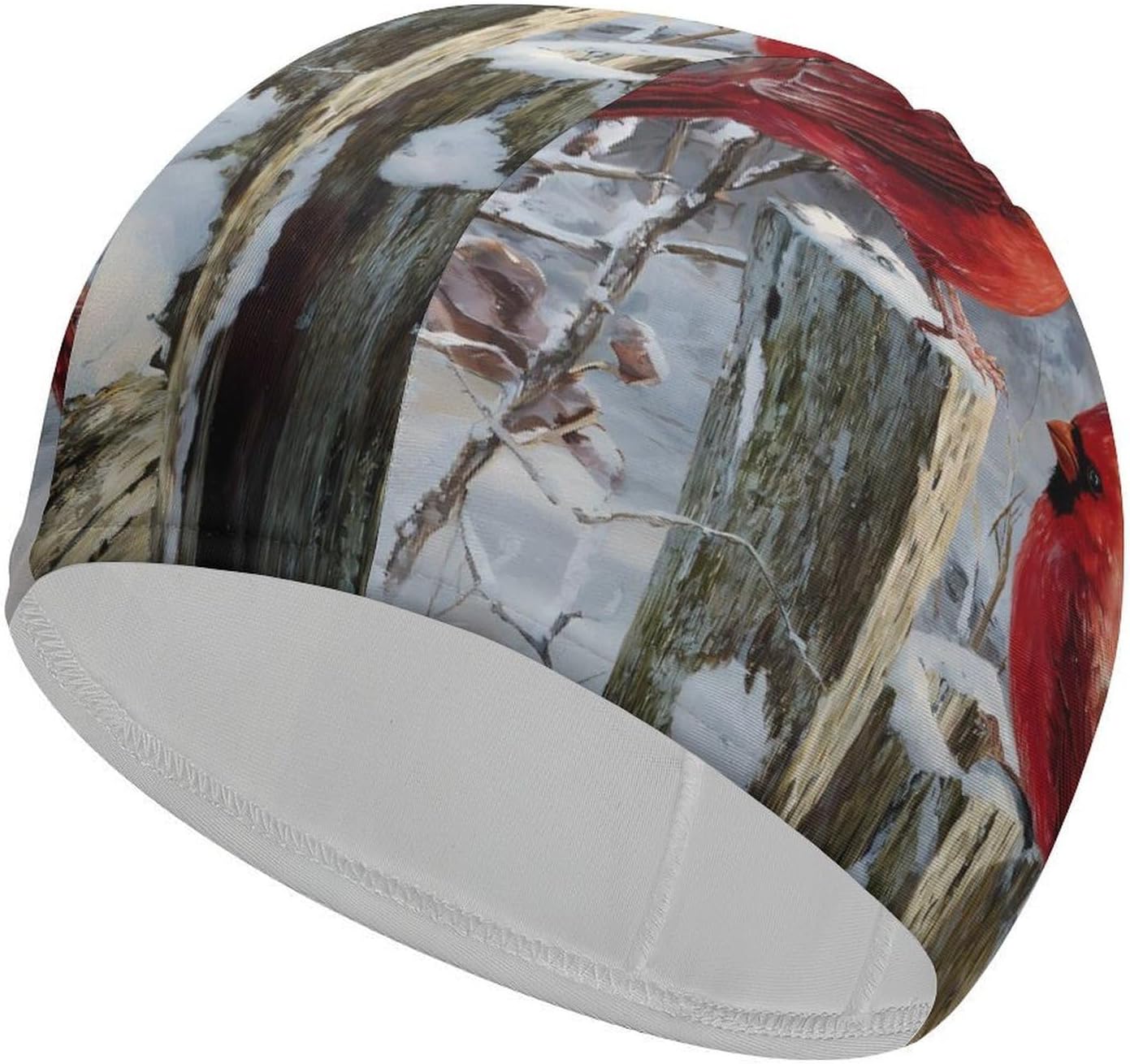 Cardinal Perched On Fence Winter Snowy Womens Swim Cap for Men Adult Swimming Hat Curly Short Medium Long Hair