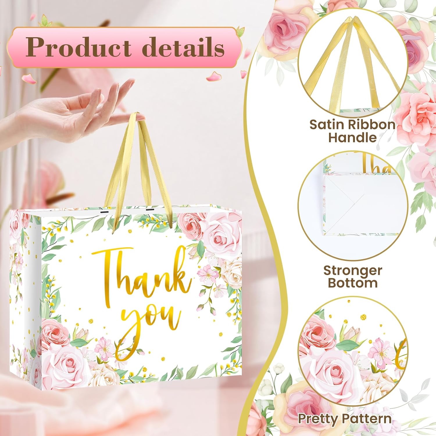 We Appreciate You Gift Bag Floral Thank You Gift Bag with Tissue Paper Greeting Card Appreciation Gifts Wrapping Paper with Handle for Business Retirement Wedding Teacher Birthday Party Supplies - Image 6