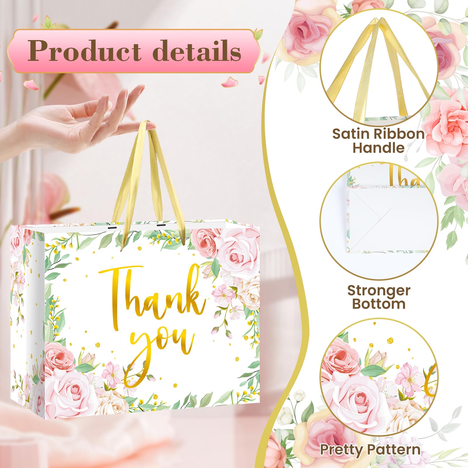 We Appreciate You Gift Bag Floral Thank You Gift Bag with Tissue Paper Greeting Card Appreciation Gifts Wrapping Paper with Handle for Business Retirement Wedding Teacher Birthday Party Supplies