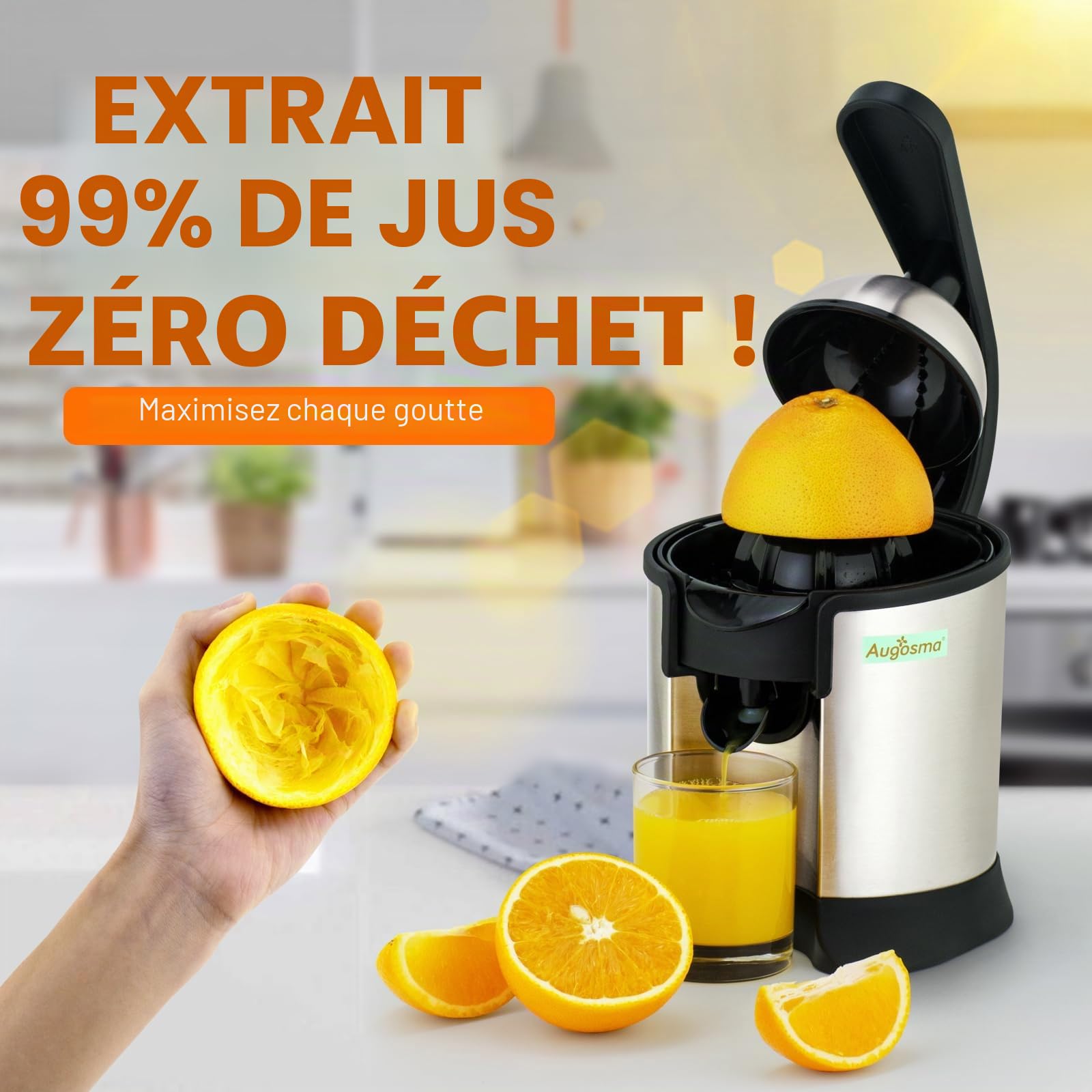 Presse-agrumes électrique de haute qualité, adapté aux oranges, citrons et pamplemousses, acier inoxydable brossé, facile à nettoyer et à utiliser (noir+argent)