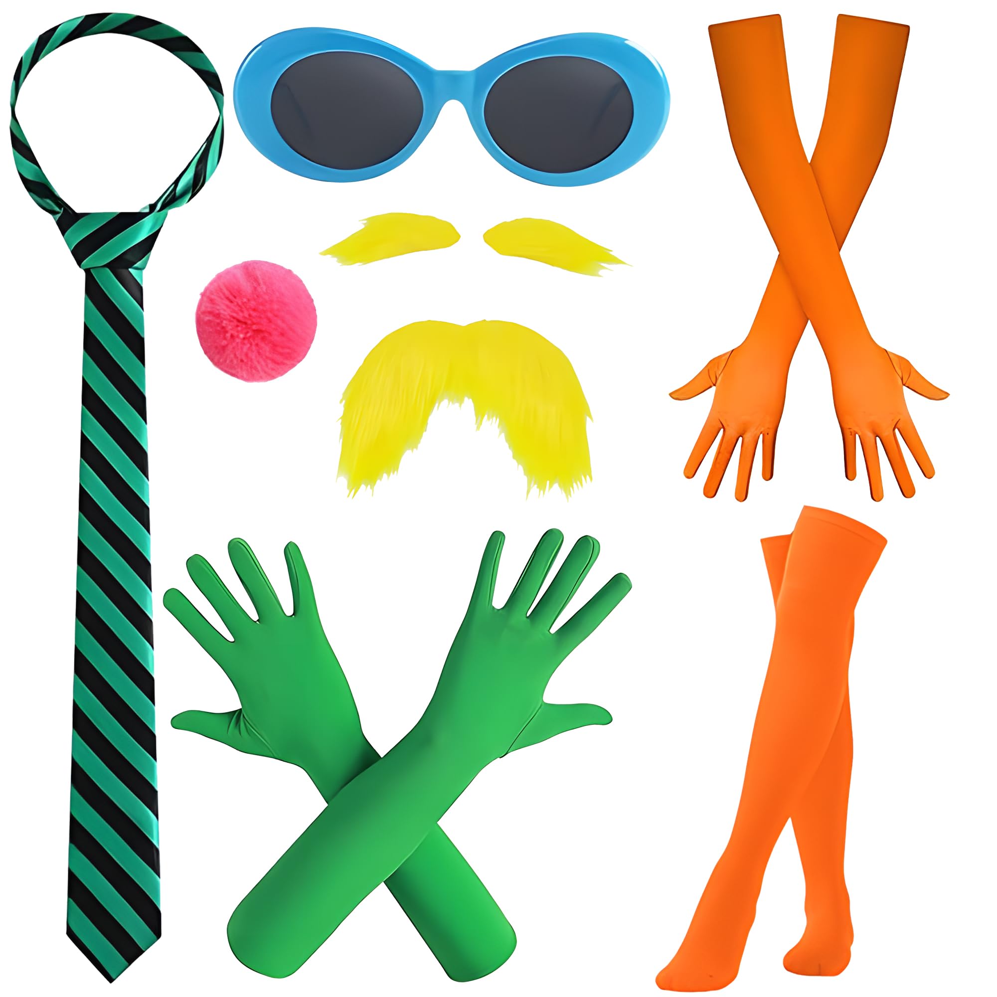 cadelon 4pcs Green + 3pcs Orange Funny Costume Accessories Set for Adults, 7pcs Wacky Party Props for Party Dress up & Cosplay, Including Glasses, Tie, Gloves, Pom-Pom Brooch, Mustache, Sock