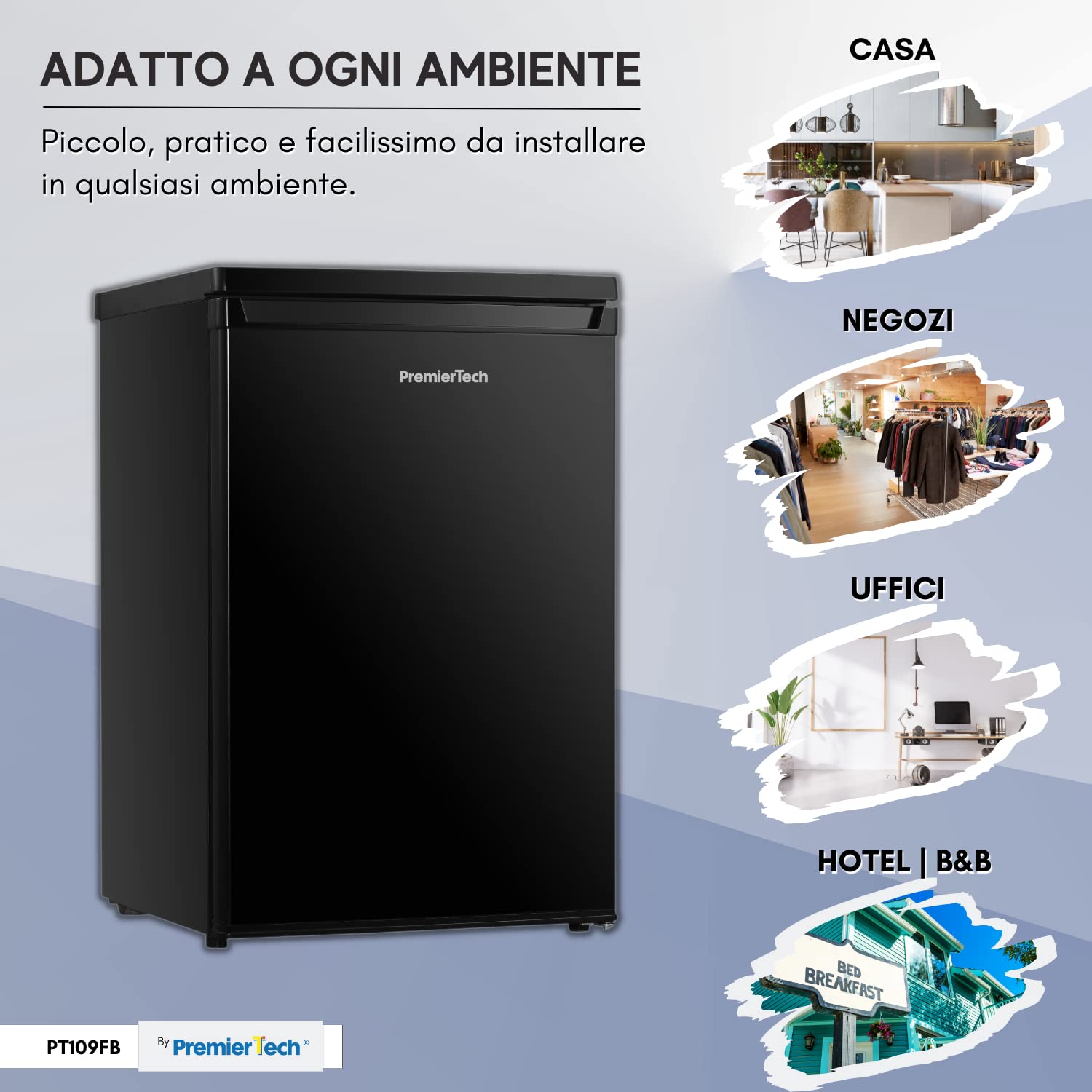PremierTech, Frigorifero con congelatore 109 Litri, Frigo, Hotel, Ufficio Casa, Porta Reversibile, Sotto Tavolo, Classe Energetica E, Temperatura Regolabile, Libera Installazione, Nero, PT109FB