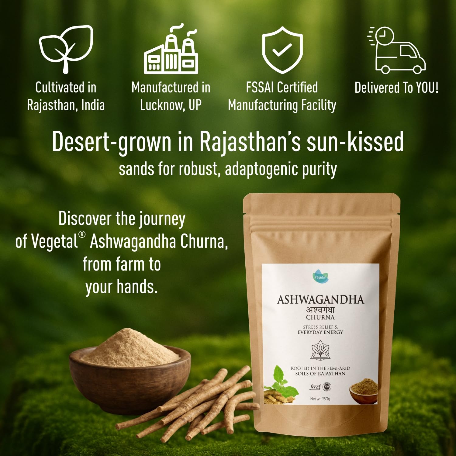 Vegetal Ashwagandha Churna | 150g | 100% Organic | Stress Relief, Strength & Stamina, Better Sleep & Hormonal Balance | No Preservatives or Artificial Colors | From Rajasthan’s Semi-Arid Soils — Amazon image 8
