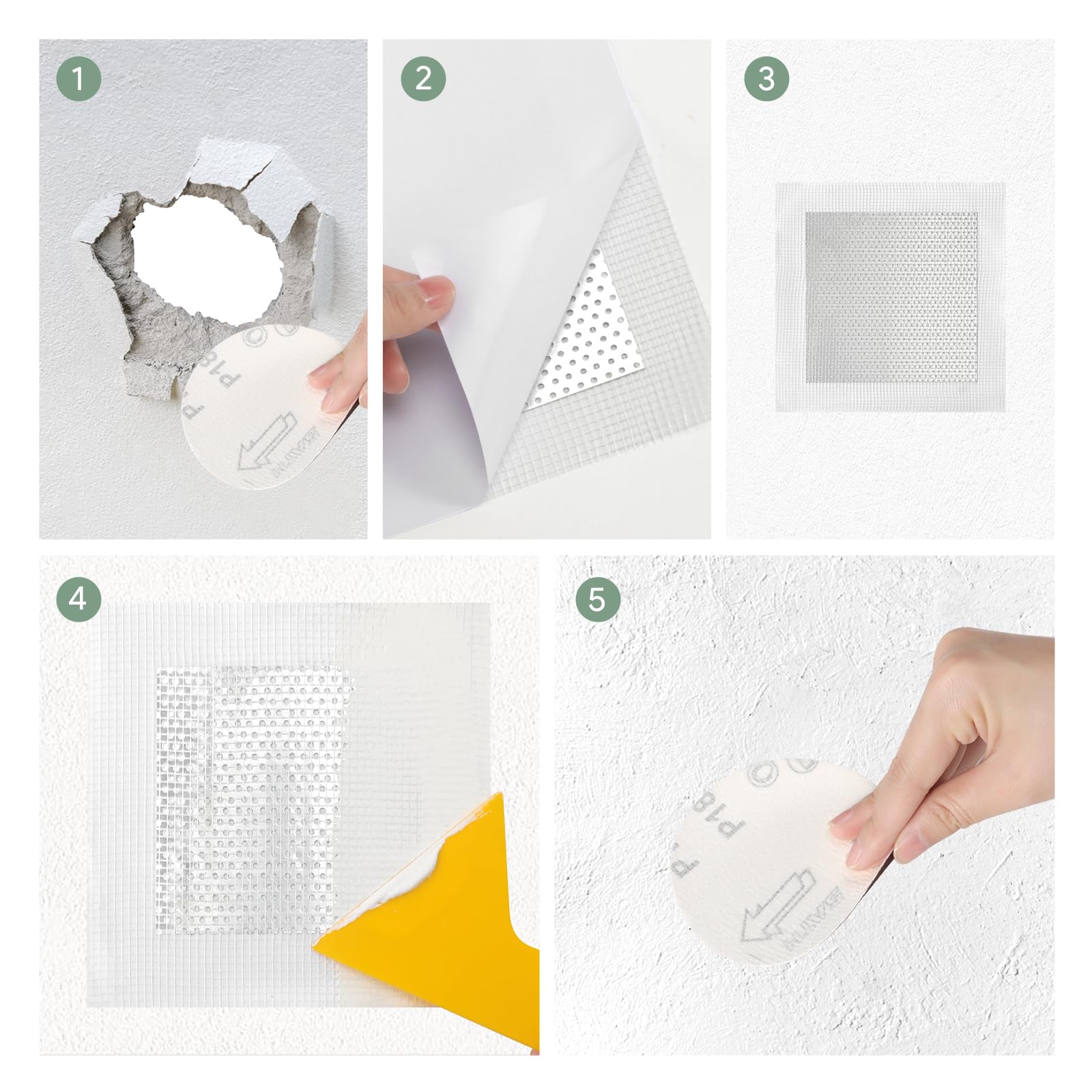 6 Pièces Aluminium Mur Réparation Kit, Cache Trou Mur Fissure Maille Sèches Patch Plaque (6 Réparations + Papier de Verre + Grattoir)