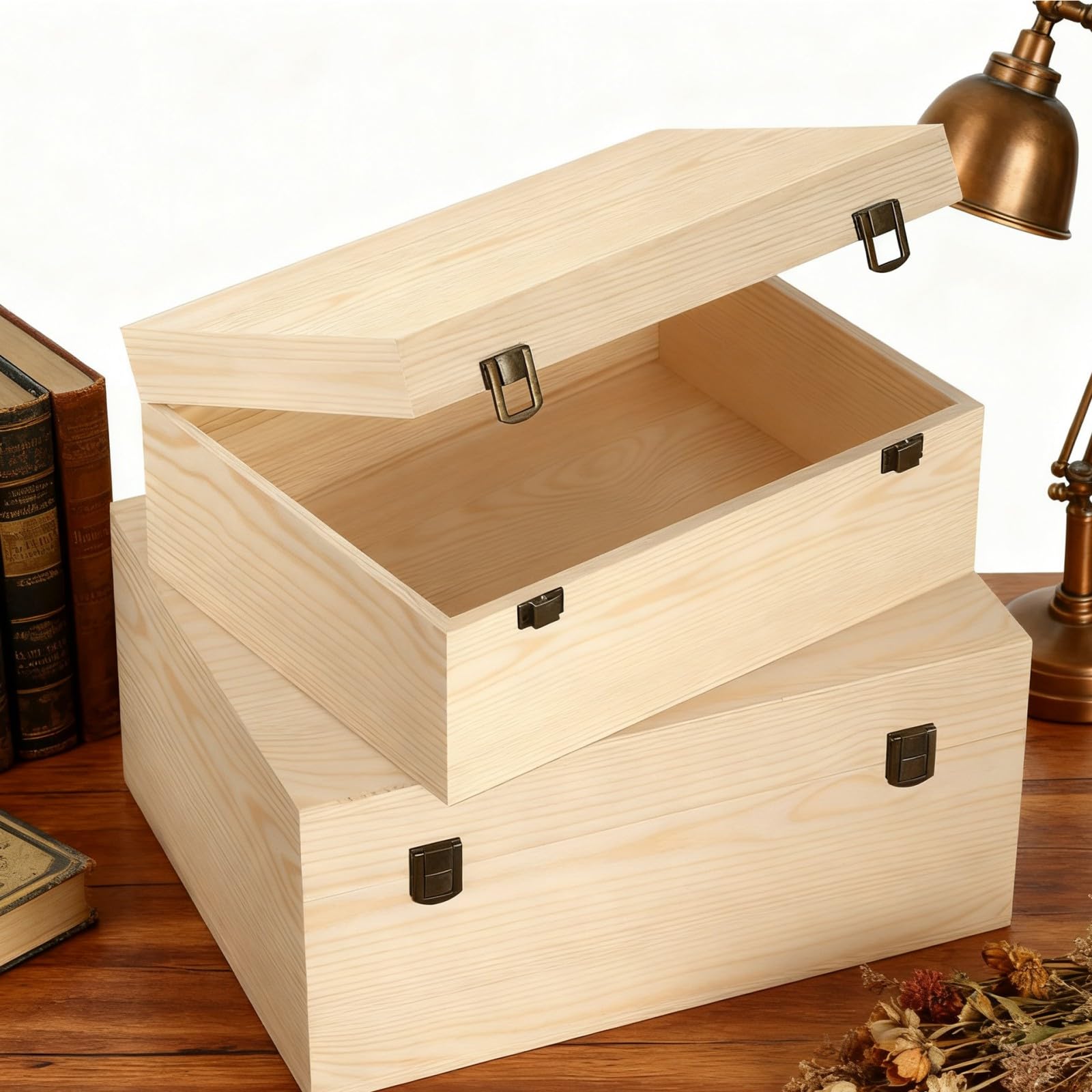 Scatola in legno grezzo con coperchio incernierato e chiusura frontale, scatola rettangolare non verniciata in legno fai da te per gioielli e monete