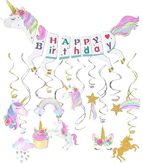 Unicorn Birthday Decorations, Unicorn Party Decorations, Unicorn Hanging Decorations for Kids Birthday Party, Unicorn Happy Birthday Banner for Girls Rainbow Party Decoration