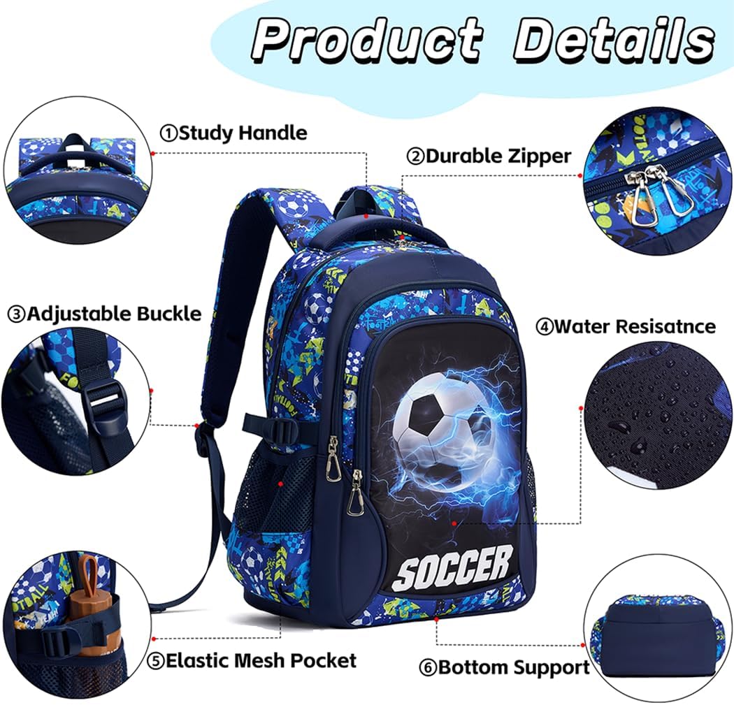 Kids Backpack for Boys Soccer School Backpacks Boy Spacious Laptop Bookbag Elementary Schoolbag Waterproof Durable (Blue) - Image 3