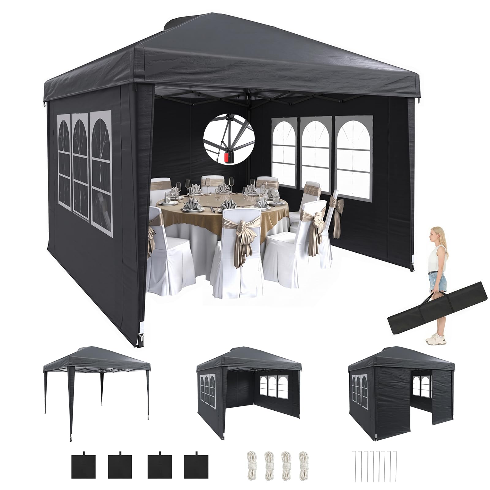 DSNAPE 3m x 3m Pop Up Gazebo with Sides, Central Lock System & 4 Weight Bags & Carry Bag, Water and UV50+ Resistant Marquee Garden Party Tent for Outdoor Events, Black