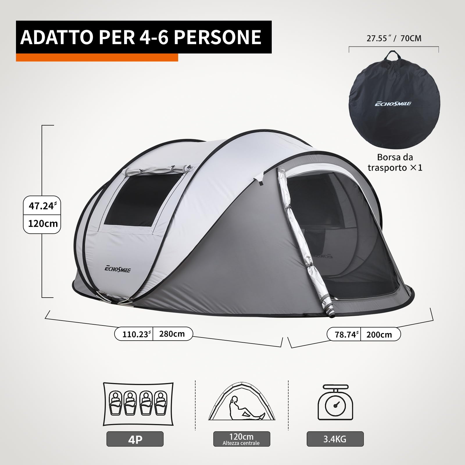EchoSmile Tenda da Campeggio Pop Up 2/4/6 Posti Istantanea Tenda Campeggio | Portatile,Facile Installazione,Protezione dal Sole,Ventilata Antivento e Impermeabile Picnic,Trekking e Attività All'aperto