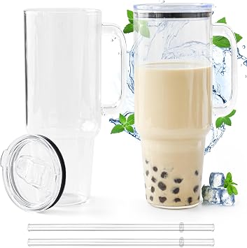 Glass Cups with Lids and Straws 40 oz Glass Tumbler with Straw and Lid 2 Pack Glass Tumbler with Handle Wide Mouth Iced Coffee Cups for Smoothies, Soda, Tea, with Acrylic Lids