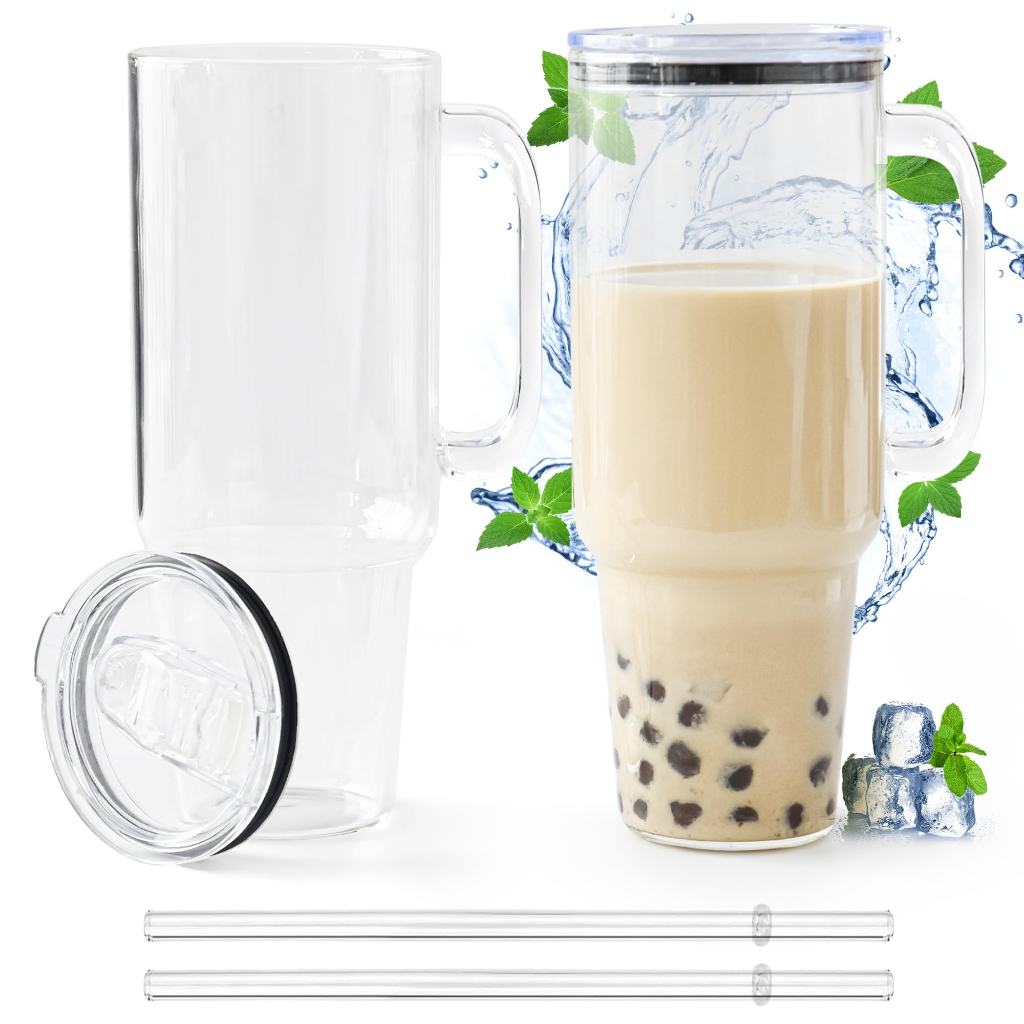 FECBK Glass Cups with Lids and Straws 40 oz Glass Tumbler with Straw and Lid 2 Pack Glass Tumbler with Handle Wide Mouth Iced Coffee Cups for