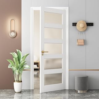 24"x 80"with 5-Panel Pre-Assembled Frosted Glass Pocket Door Slab,French Door for Bedroom Closet Laundry Pantry Bathroom,White Paintable Interior Doors for Home,w/o Hardware