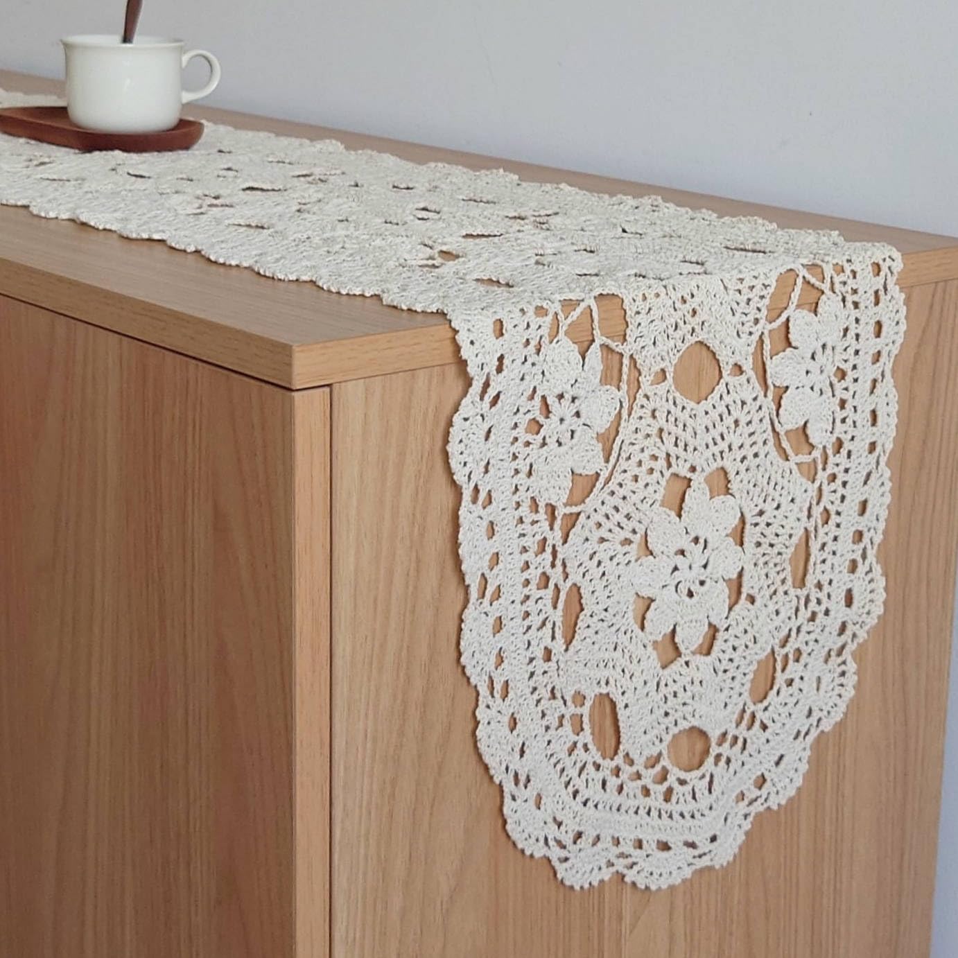 Hand Crochet Lace Table Runner Dresser Scarf for Furniture (12" x 56")