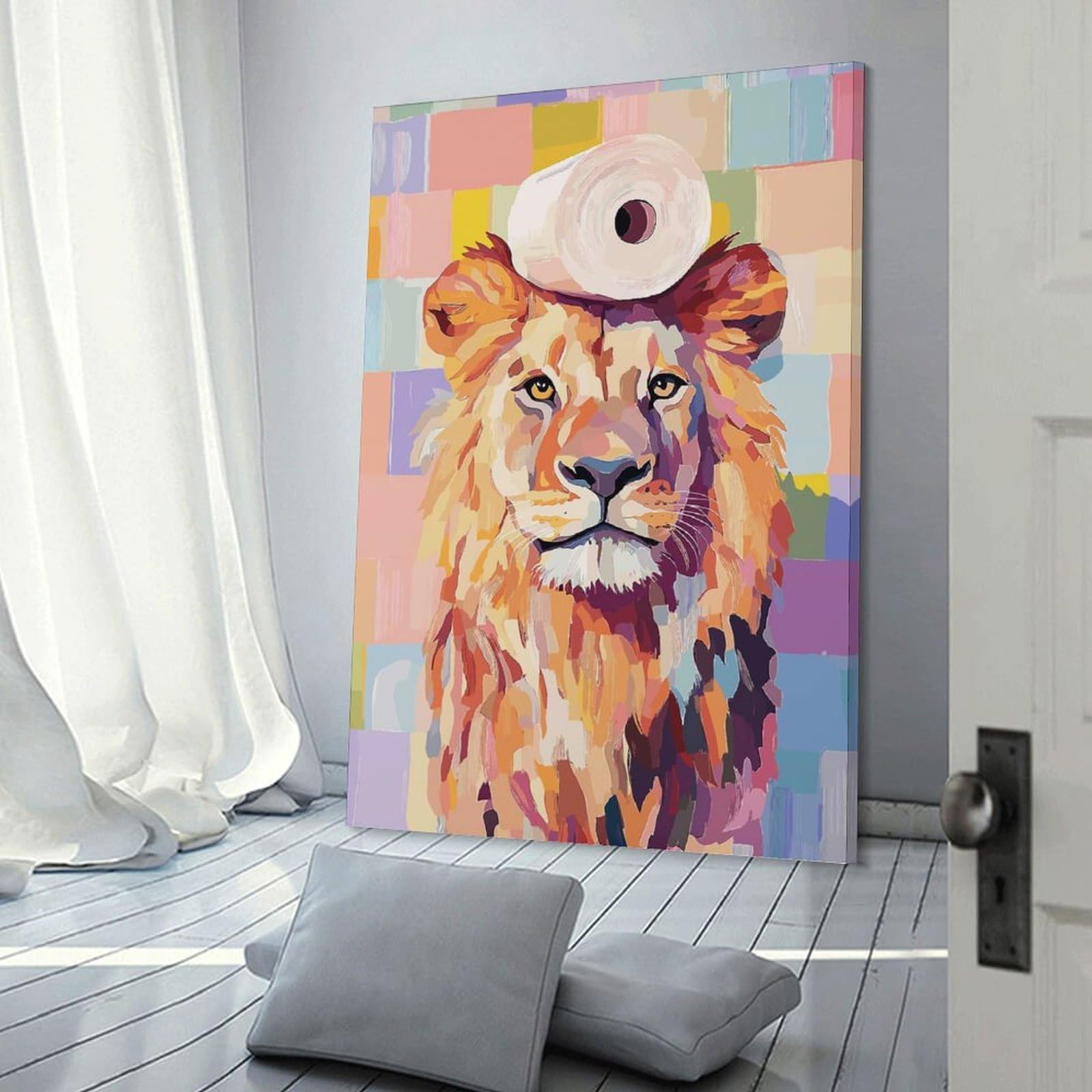 Junmoney Lion with Toilet Paper Hat Wall Art Print 12x18inch(30x45cm), for Gallery Wall Layouts in Home Or Office, An Easy Match for Collected Prints