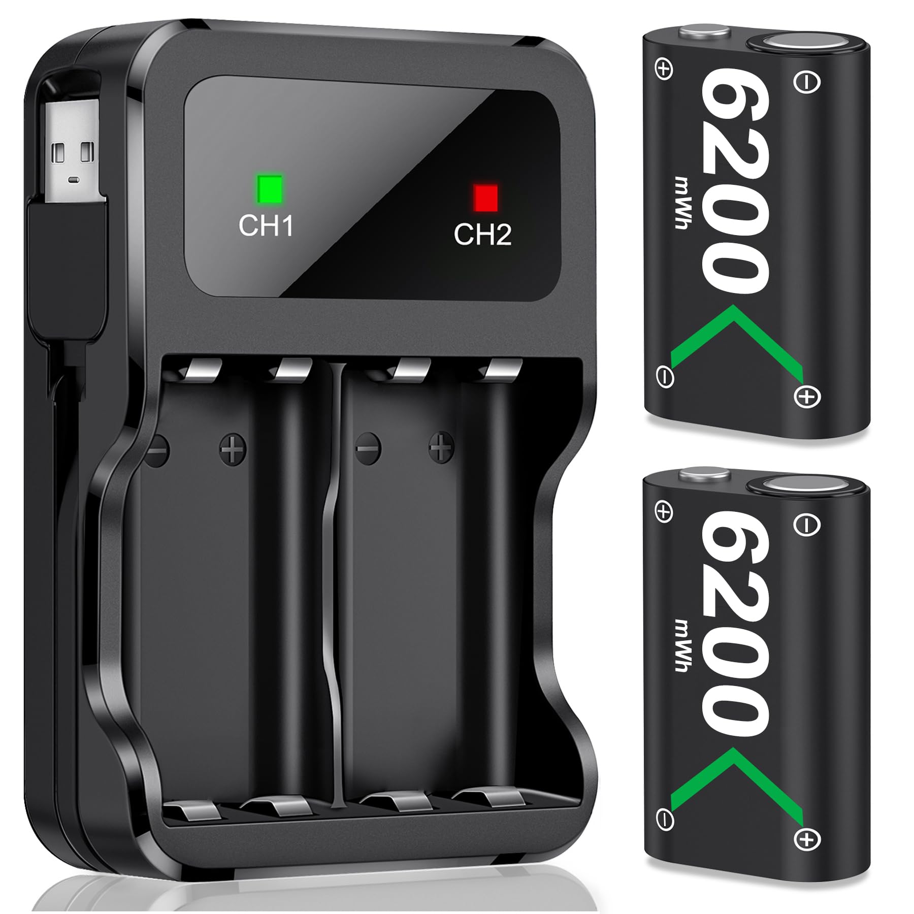 Rechargeable Battery Pack for Xbox One/Series X|S Controller, 2x6200mWh High Capacity Battery Pack with Charger/LED Indicator/25H Playtime, Compatible with Xbox One/S/X/Elite, Series S/X