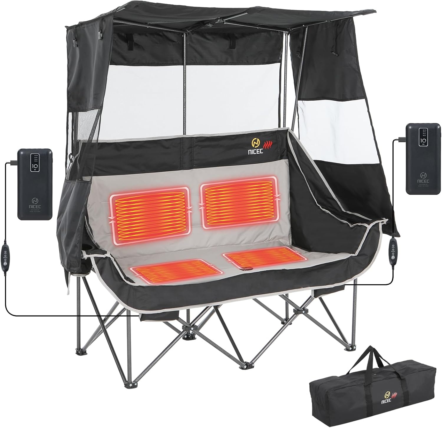 Nice C Heated Double Camping Chair with Canopy, Heated Outdoor Sports Folding Bench with Battery, Portable Padded Umbrella Chairs, Couch with Shade, Cup Holder, Cooler Bag, Loveseat For Lawn, Outdoors