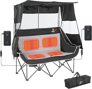 Nice C Heated Double Camping Chair with Canopy, Heated Outdoor Sports Folding Chair with Battery, Portable Padded Umbrella Chairs with Shade, Cup Holder, Cooler Bag, Loveseat for Lawn, Outdoors