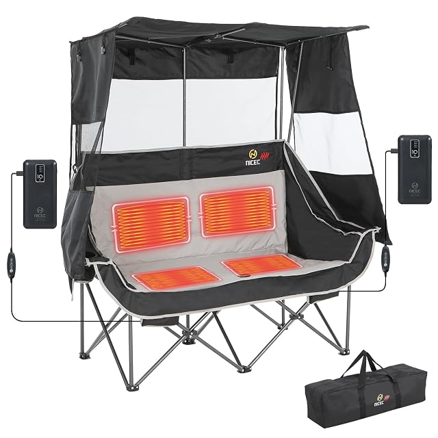 Nice C Heated Double Camping Chair with Canopy Heated Outdoor Sports Folding Chair with Battery Portable Padded Umbrella