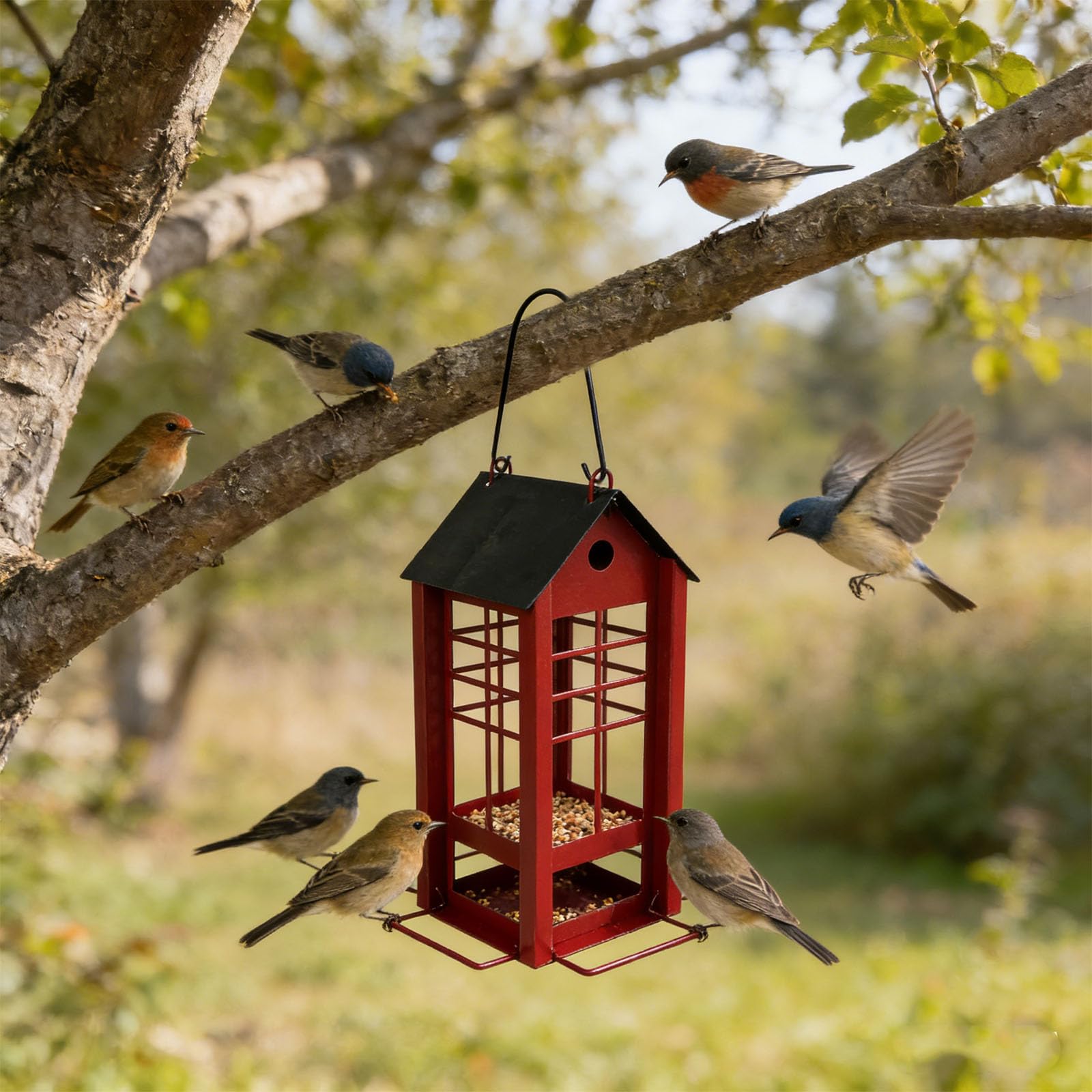 Attraente mangiatoia per uccelli in metallo rosso o con ampio supporto per cibo per uccelli selvatici nei giardini Fornitore per esterni Cortile riempimento semplice