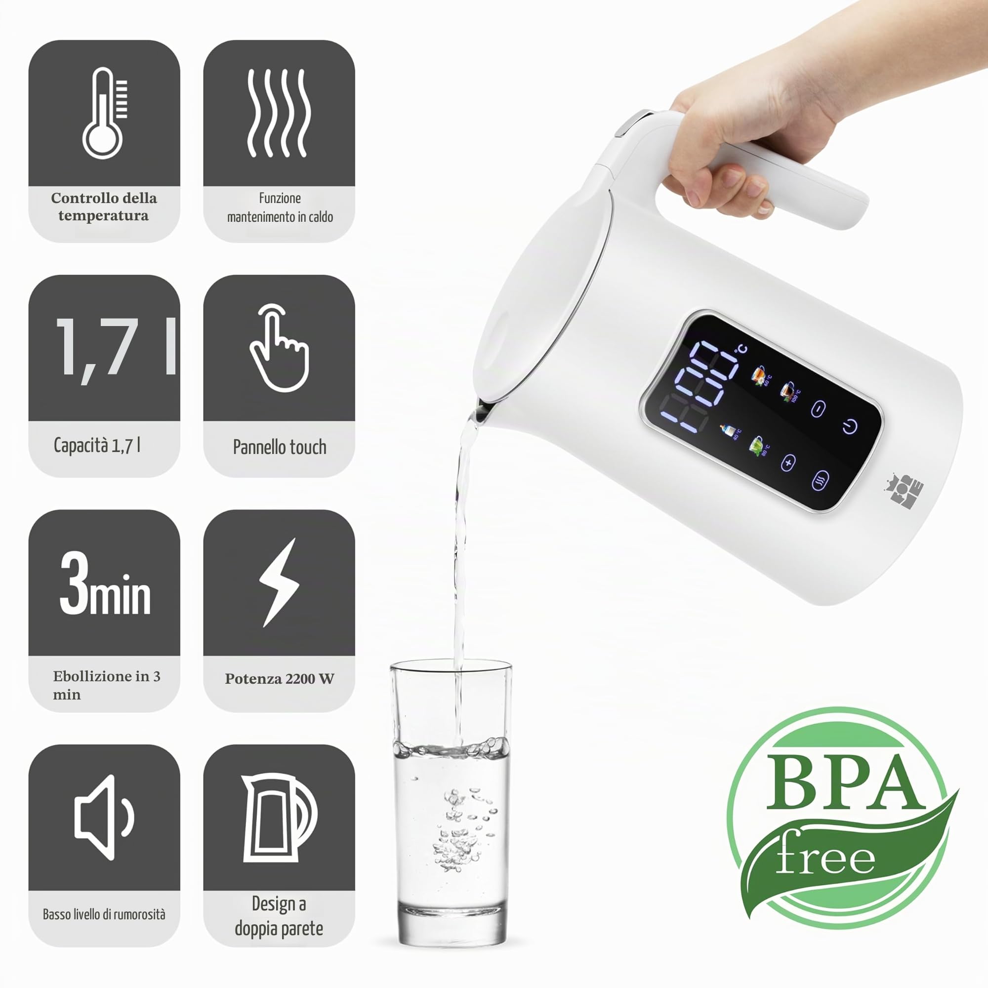 ForMe Bollitore Elettrico In Acciaio Inox 1,7 L Temperatura Regolabile da 40-100 C I Funzione di Mantenimento Caldo LED Display Digitale della Temperatura I Arresto Automatico I Teiera Senza BPA