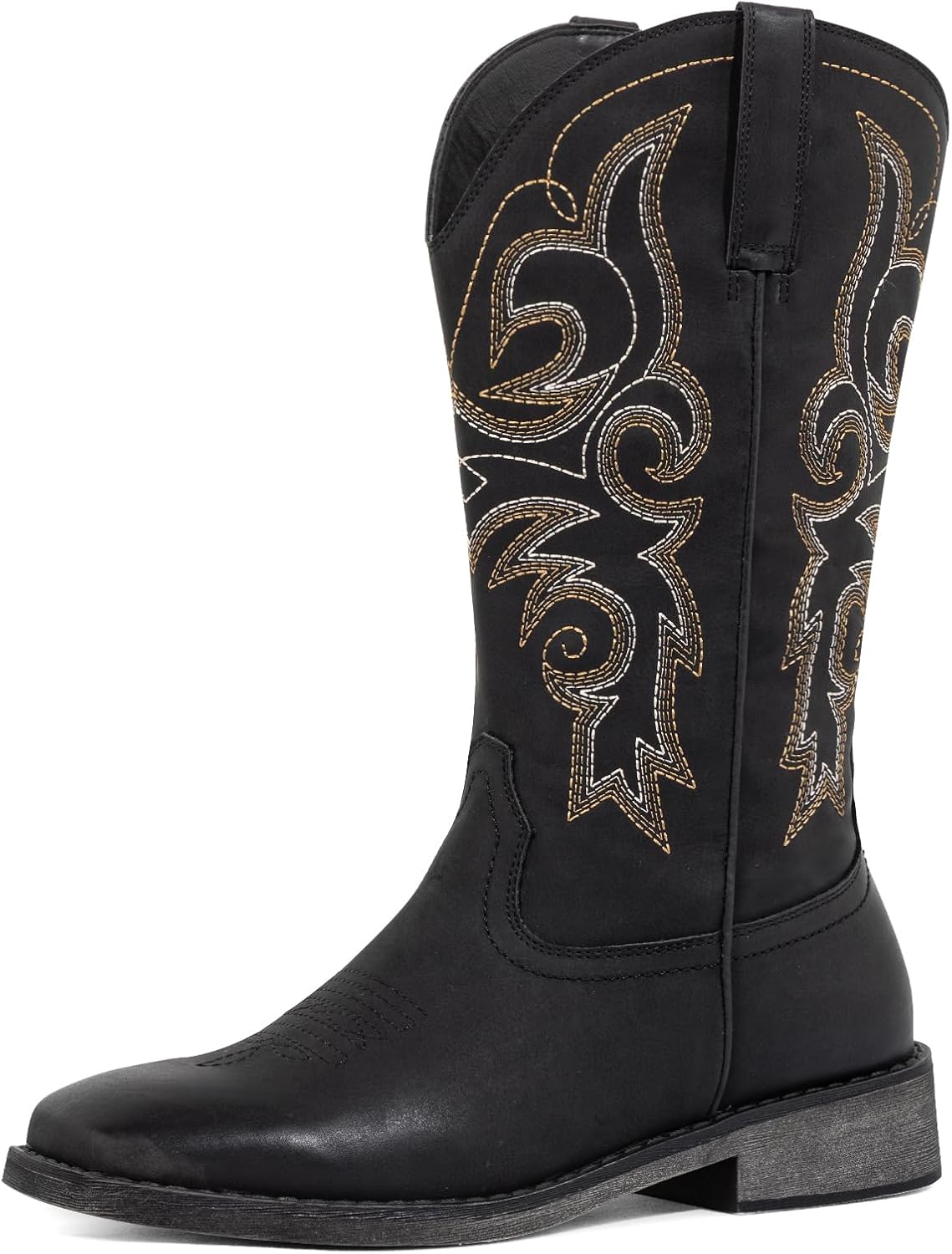 SheSole Women's Wide Calf Cowboy Boots, Stylish Square Toe Cowgirl Boots with Padded Insole, Embroidered Mid Calf Boots for Country Music Festivals & Weddings, Black/Brown