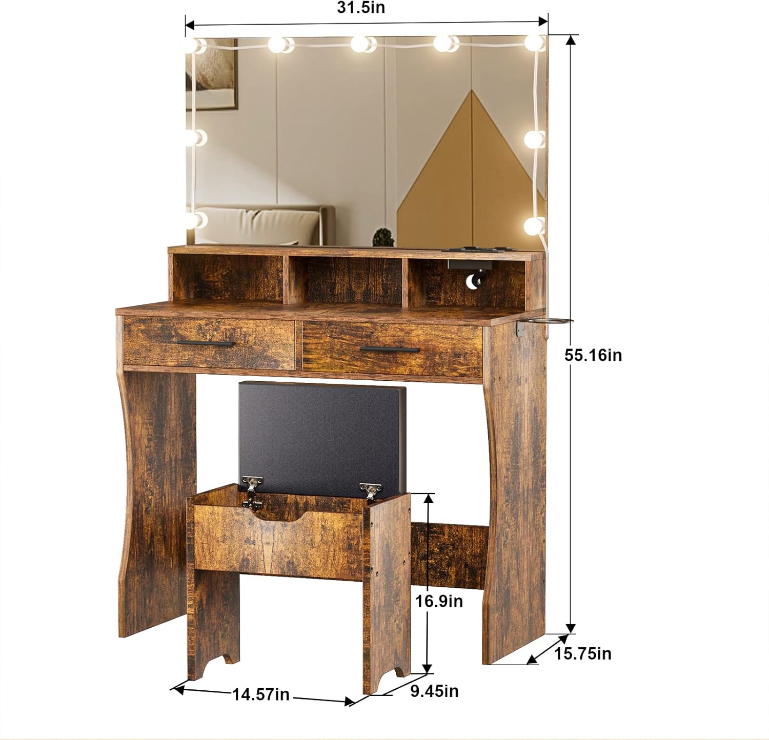 Makeup Vanity with Lighted Mirror & Power Outlet, Makeup Table Vanity Set with 3 Lighting Colors, Brightness Adjustable, Brown