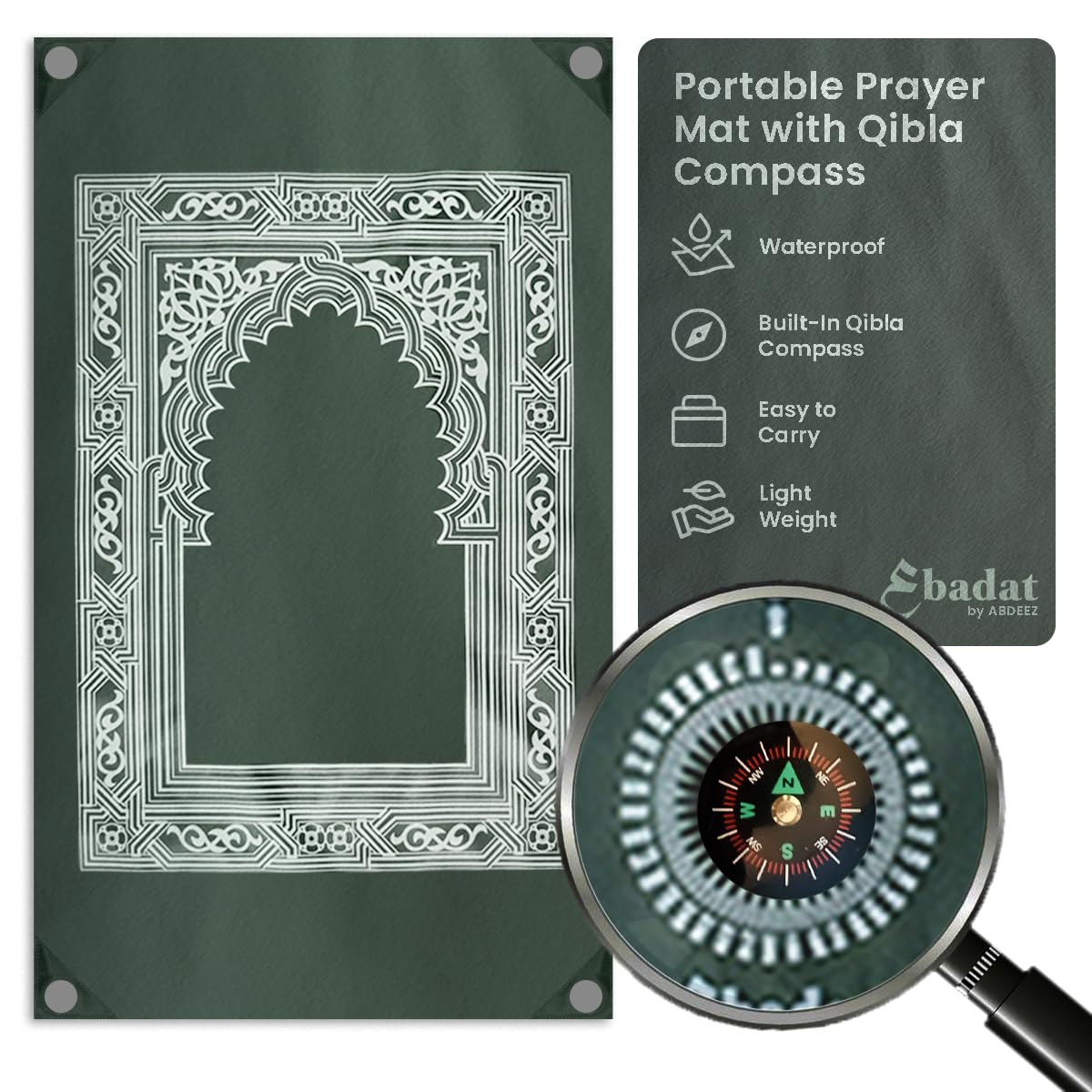 ABDEEZ Tappetino Da Viaggio Portatile Per Preghiera - Verde Con Bussola Qibla, Pesi Integrati E Custodia - Impermeabile In Poliestere, Dimensioni 60x100 Cm - Ideale Per Viaggiatori
