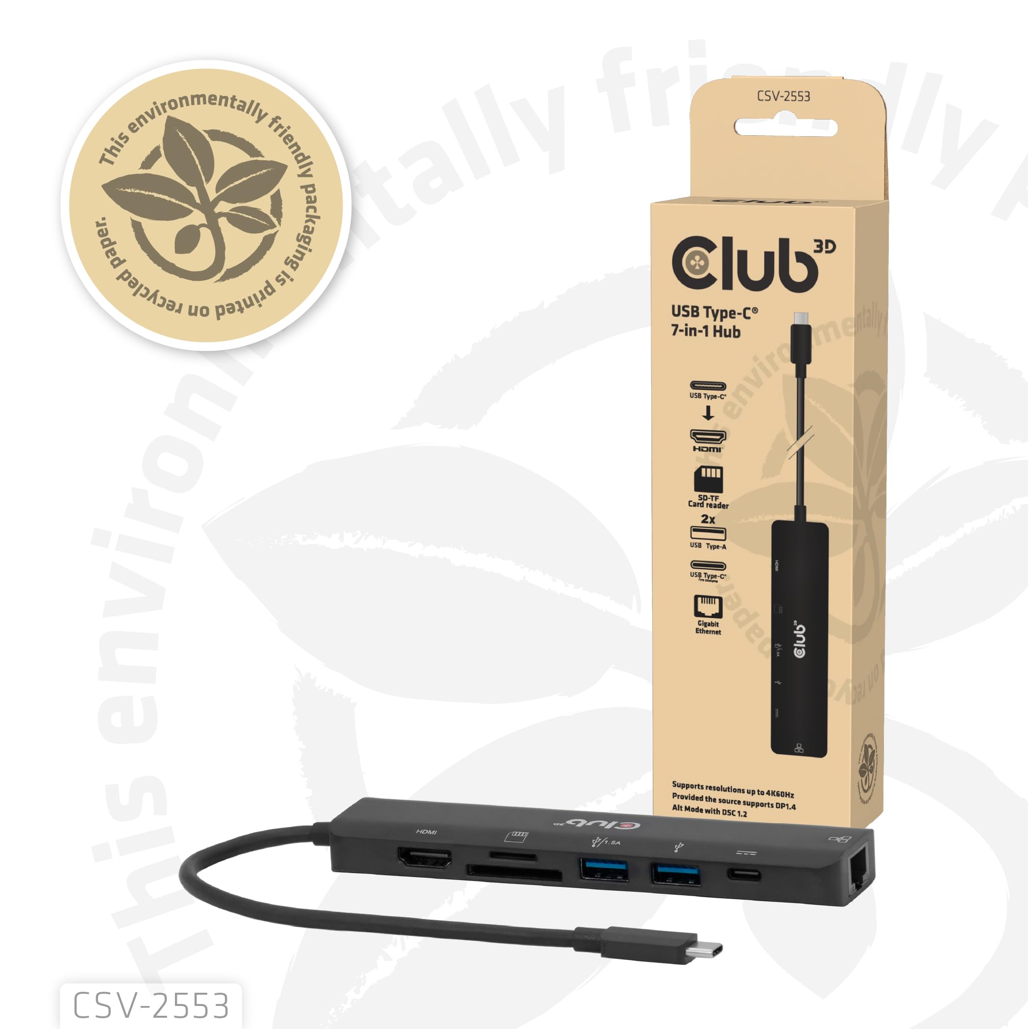 Club3D CSV-2553 Hub USB C® 7 en 1 => HDMI™4K60Hz/SD-TF, 2X USB A/USB C PD/RJ45