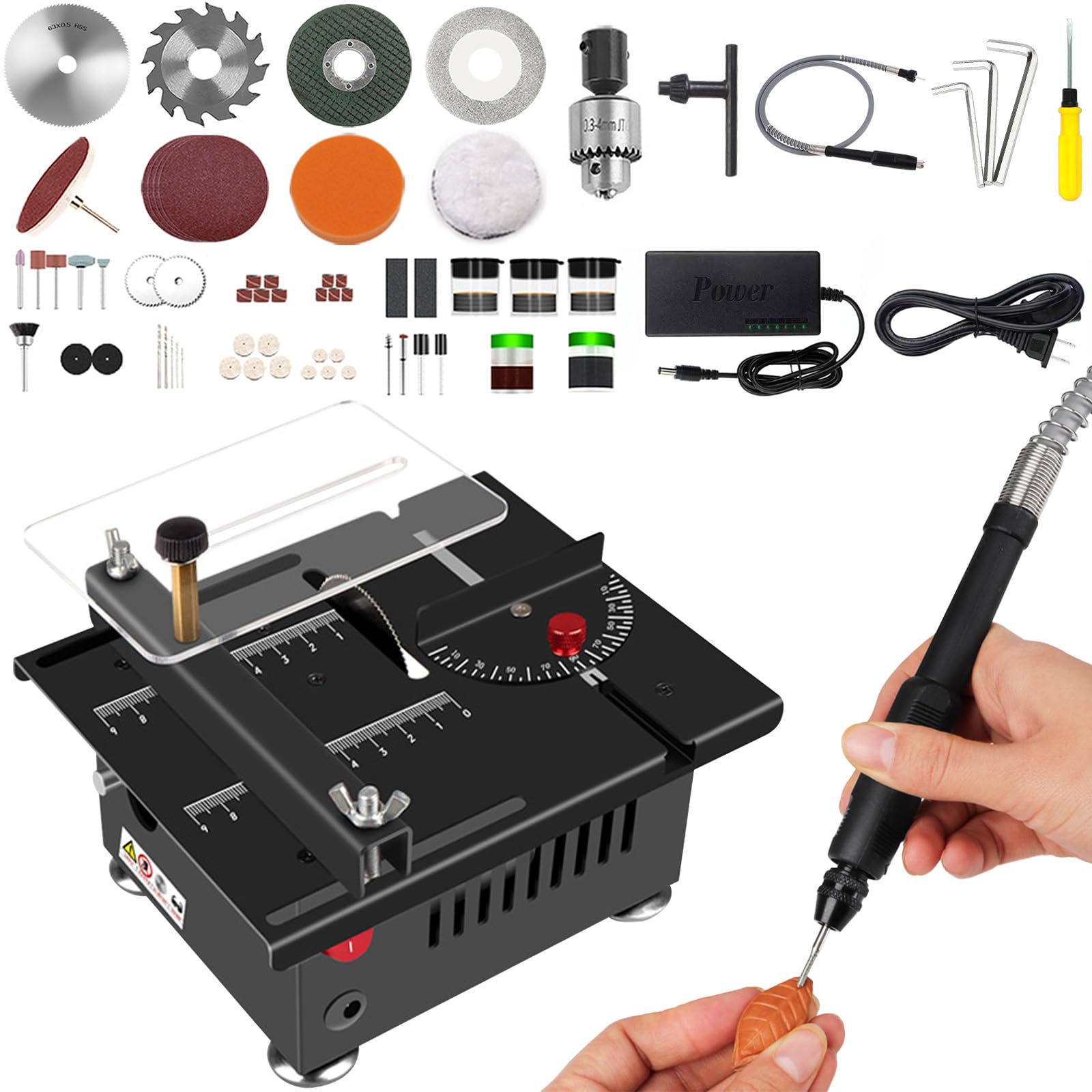Mini sierra de mesa multifuncional, sierra eléctrica de escritorio de 100 W, ángulo ajustable de 0°-90°, profundidad de corte de 16 mm, fuente de alimentación ajustable de siete velocidades, adecuada