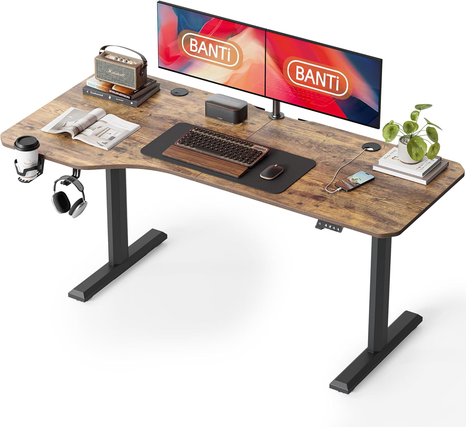 BANTI 63"x28" L Shaped Standing Desk, Electric Stand up Height Adjustable Home Office Table, Sit Stand Desk, Rustic Brown Top