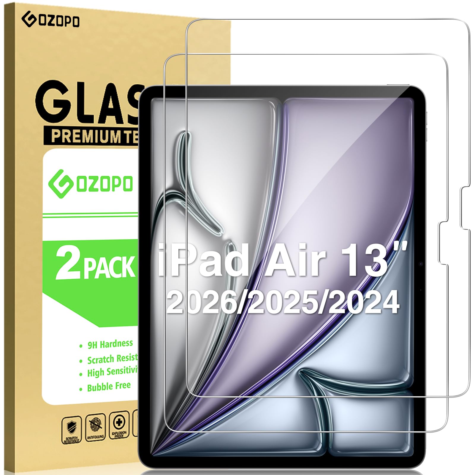 GOZOPO [2 Stück Schutzfolie für iPad Air 13 Zoll 2024 M2, HD Kratzfest Panzer Schutz Glas Folie für iPad Air 13" 2024
