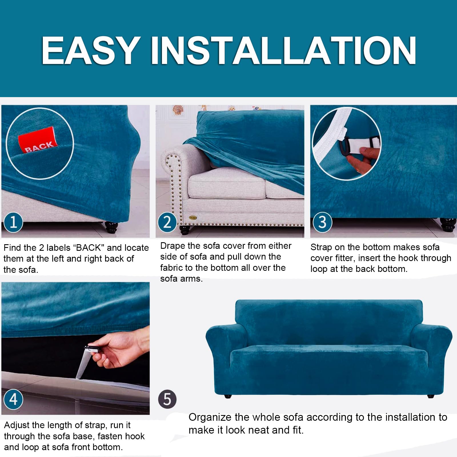 Housse De Canapé en Velours 3 Places, Sofa Cover Extensible, Antidérapant, Lavable, Bleu Paon
