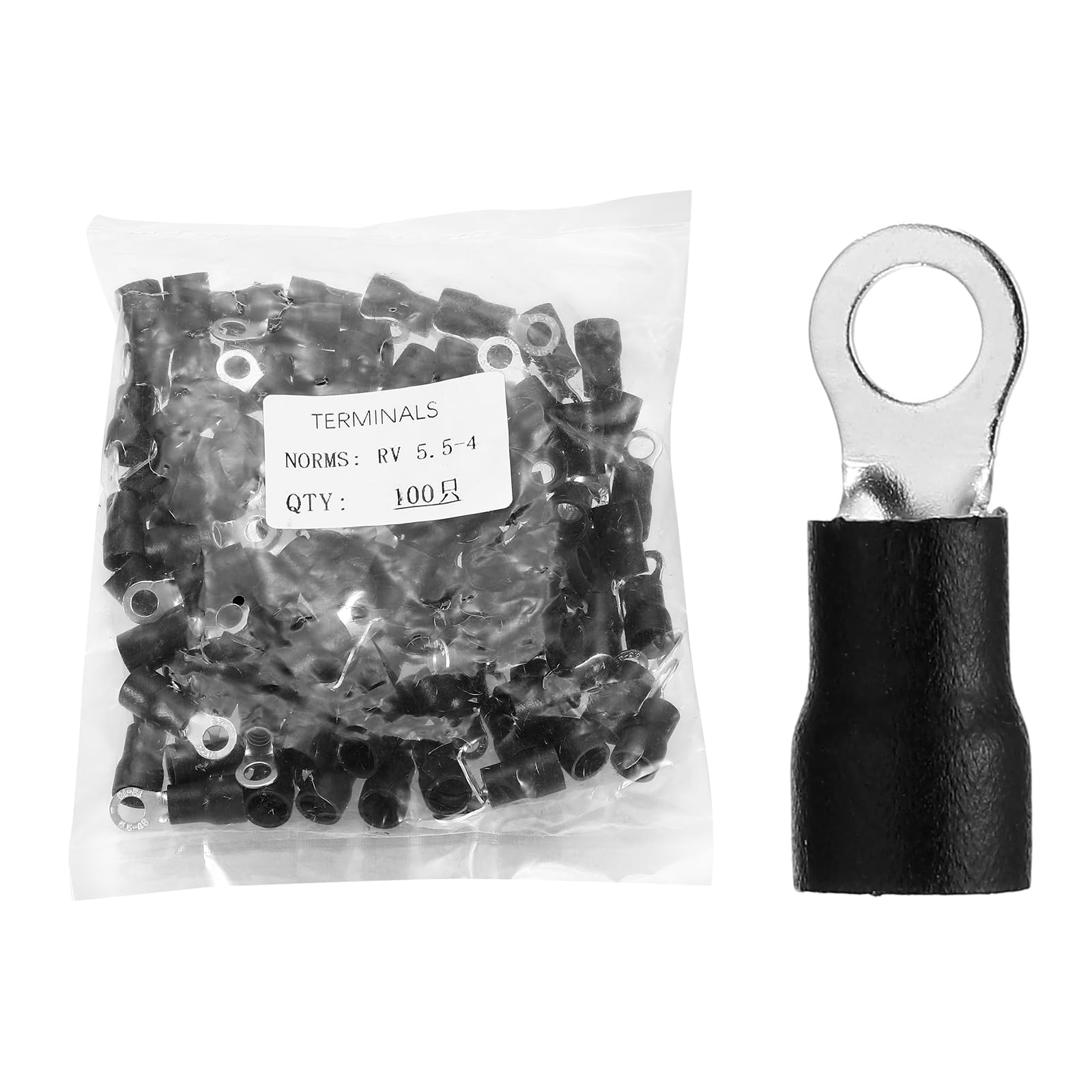 sourcing map 100pcs Terminals Ring Connectors #8" Tinned Copper Insulated Ring Crimp Terminals 12-10 Gauge for Electrical Industrial Chemical Project, Black