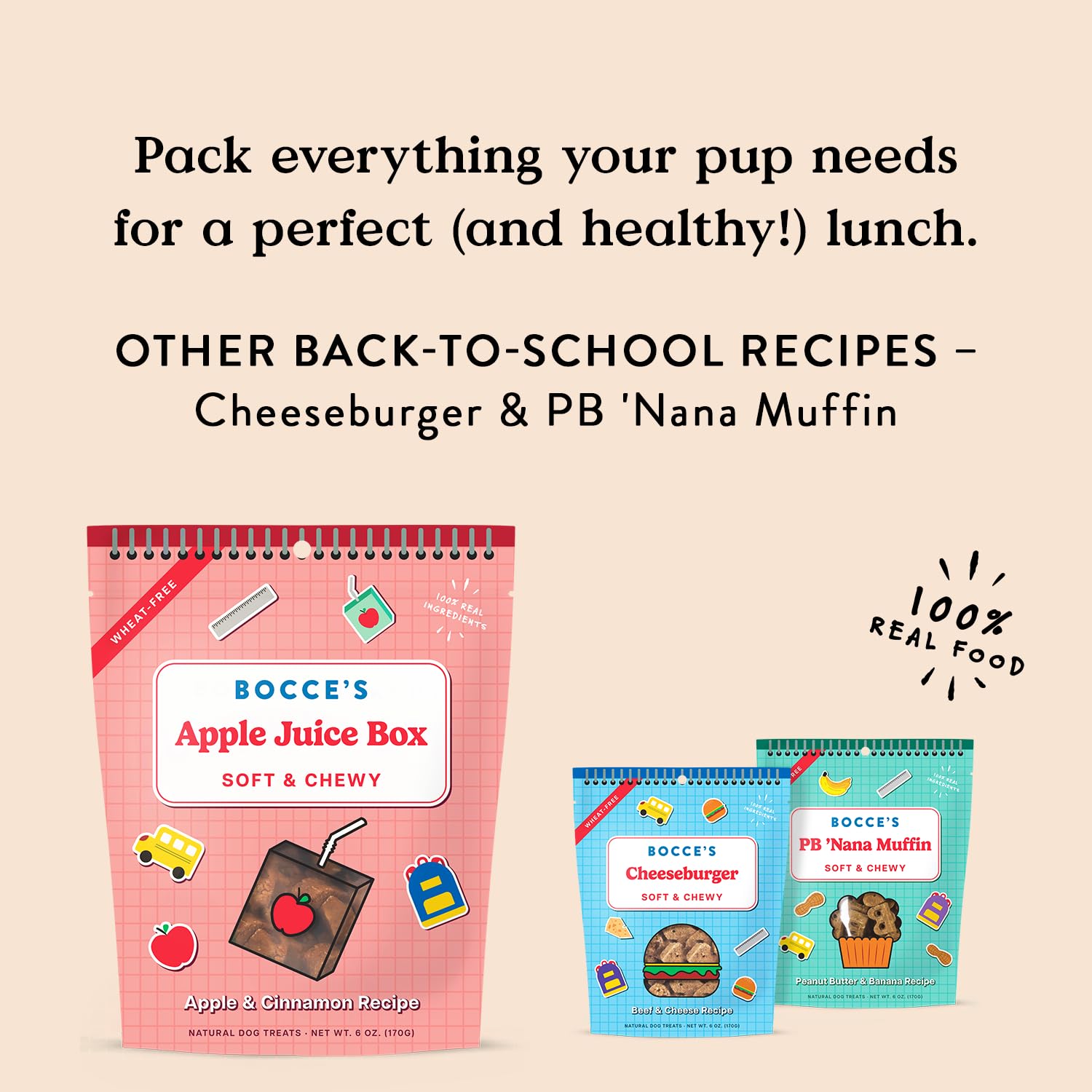 Bocce's Bakery PB Banana Chip Recipe Treats for Dogs, Wheat-Free Everyday Dog Treats, Real Ingredients, Baked in The USA, Natural Soft & Chewy Cookies, Peanut Butter, Bananas, & Carob, 6 oz: Apple Juice Box 6 Ounce (Pack of 1)