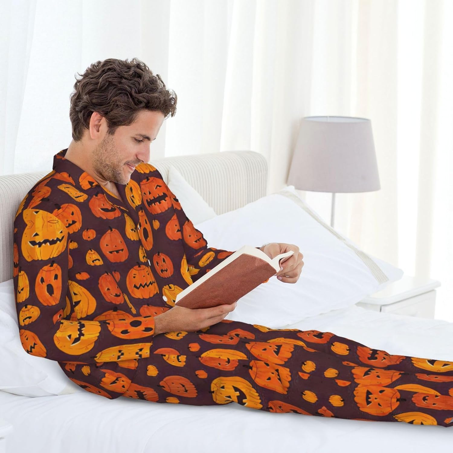 Mens Halloween Pumpkin1 Print Pajamas Long Sleeve Pjs Sleepwear Soft Comfy Loungewear Sets 2 Piece Nightwear