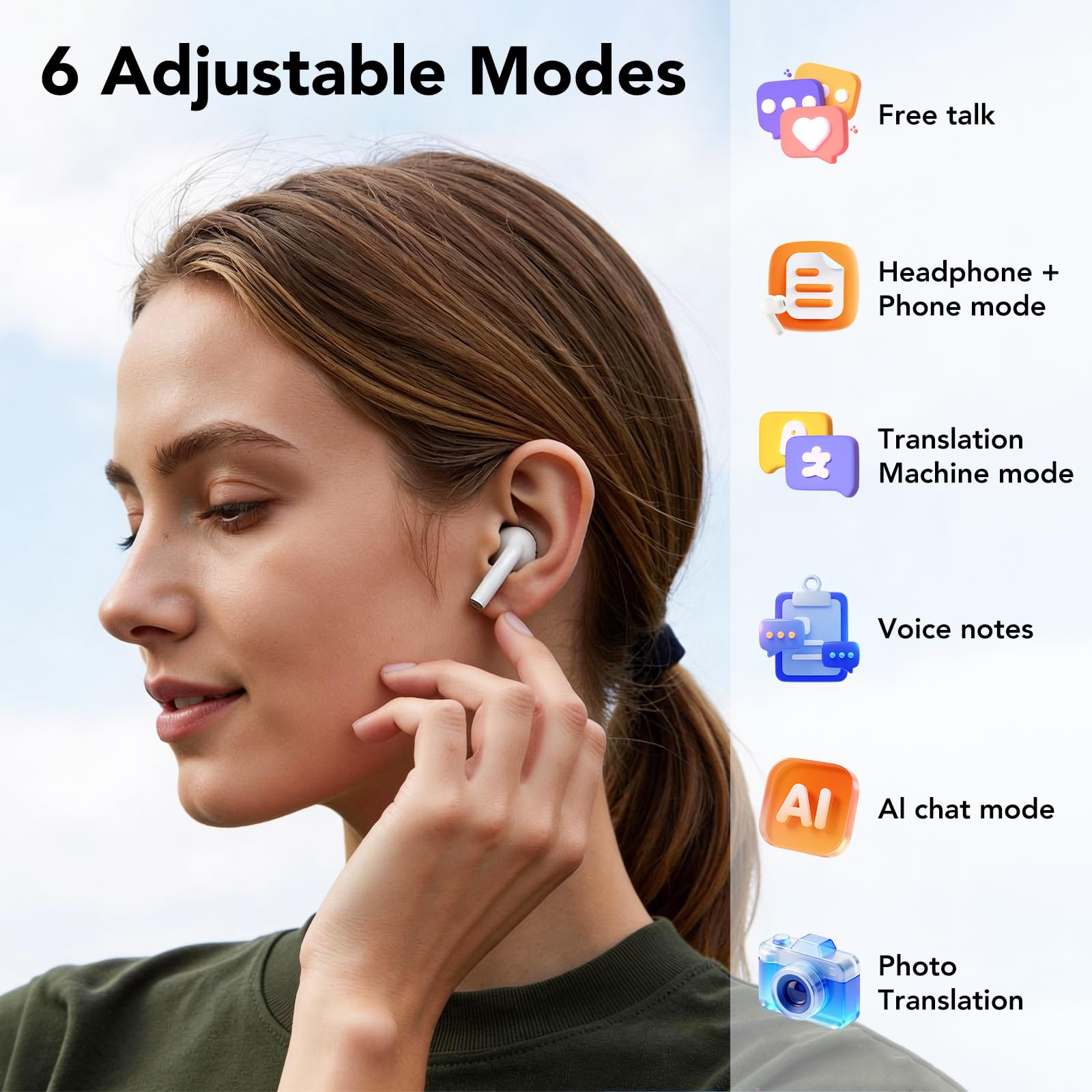 AI Kopfhörer Übersetzer, 3-in-1 übersetzungskopfhörer mit 6 Übersetzungsmodi, unterstützt 164 Sprachen, 60 Stunden Akkulaufzeit, Bluetooth 5.4 übersetzer kopfhörer, geeignet für Business, Lernen