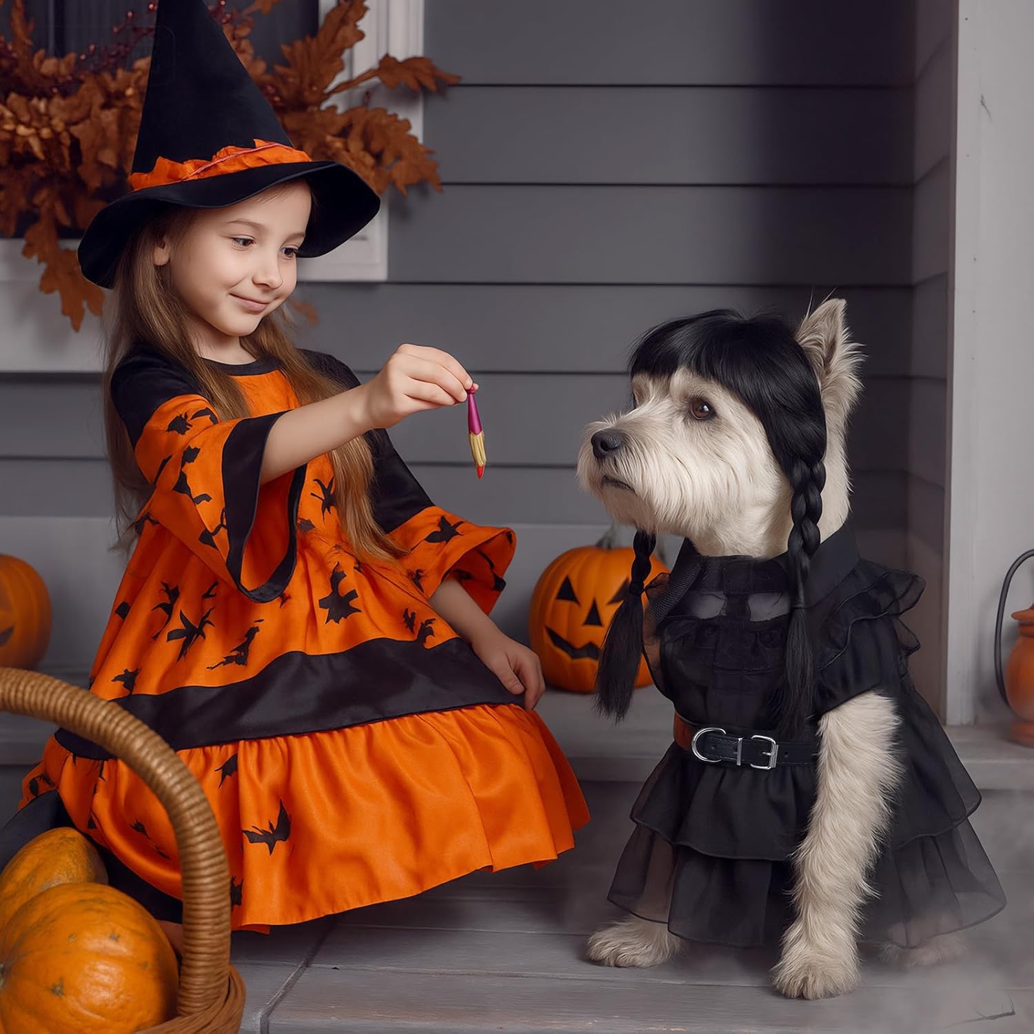 Coume 3 Pcs Halloween Dog Costumes for Dog with Belt and Wig Black Cute Pet Costume Dress for Puppy Dogs Cats Cosplay Halloween Birthday Party Outfit (L)