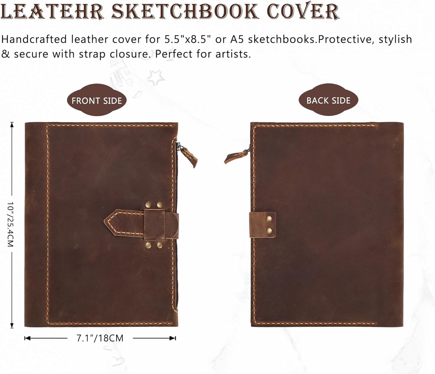Fasjosma Leather Sketchbook Cover for A5/5.5"x8.5" Top Spiral Bound Sketch Pads - Handmade Genuine Leather Artist Case with Pencil Holder & Zipper Pocket, Professional Drawing Supplies