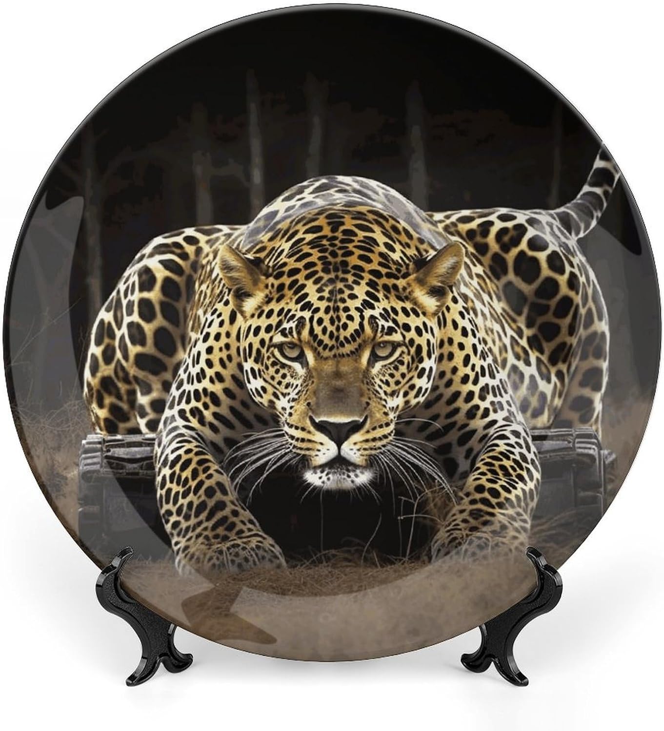 Leopard2 Decorative Plates for Display Round Porcelain Plate Living Room Table Ceramic Hanging Decorative Plate Art Decor for Living Room Table with 1 Display Stand 8inch